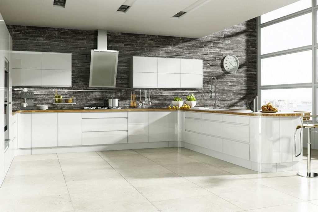 White L Shaped Kitchen Cabinets Gray Brick Backsplash Wall Modern Open Kitchen Design - Imageelf
