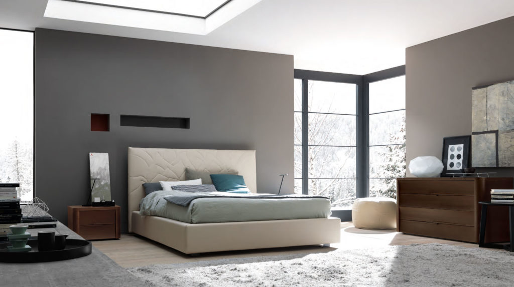 Modern-bedroom-design-with-dark-wall-and-white-ceiling-design-along-with-creamy-white-modern-king-size-bed
